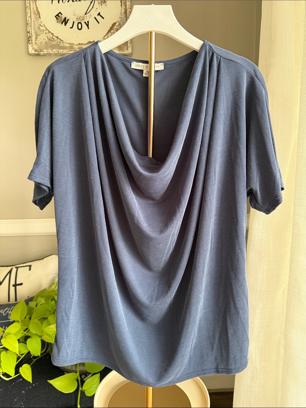 Green Envelope Slate Blue Draped Cowl Neck top